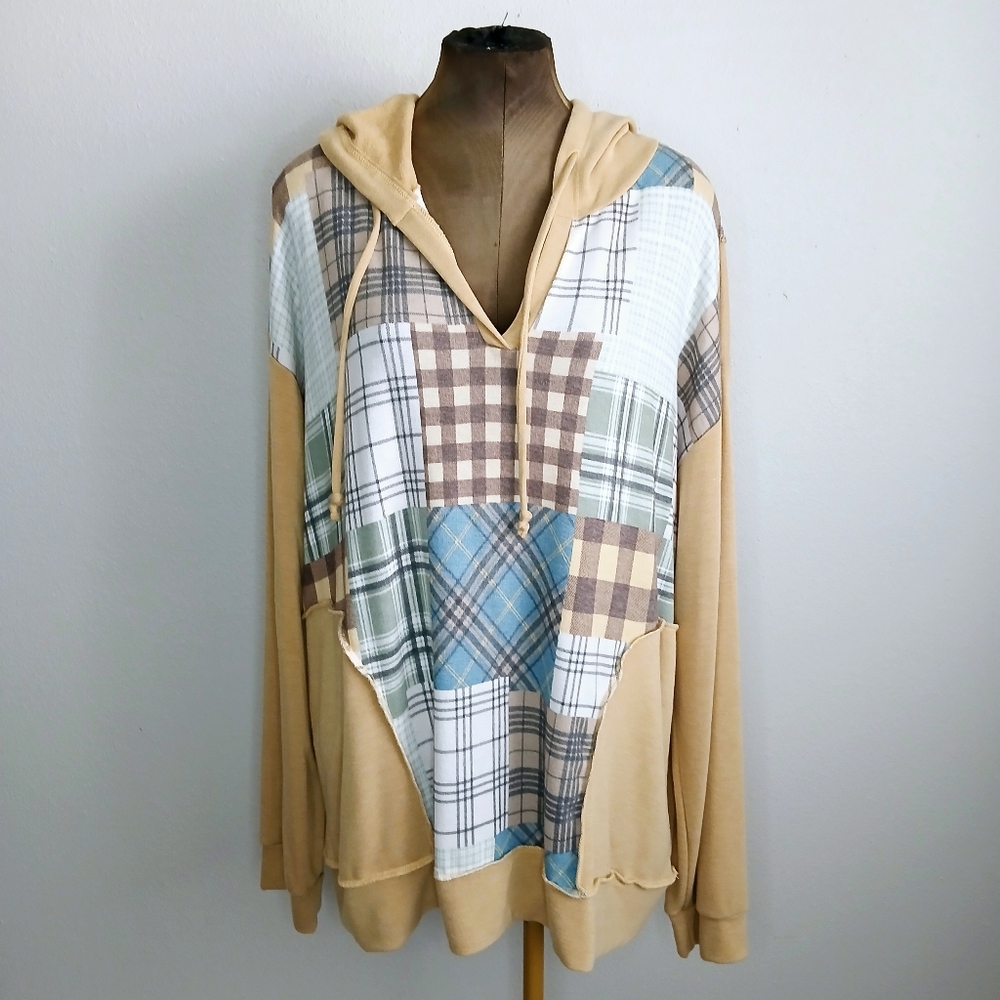 Sugarfox Hoodie Women's Size 3XL Butterscoth Patchwork Long Sleeve Plaid Preppy